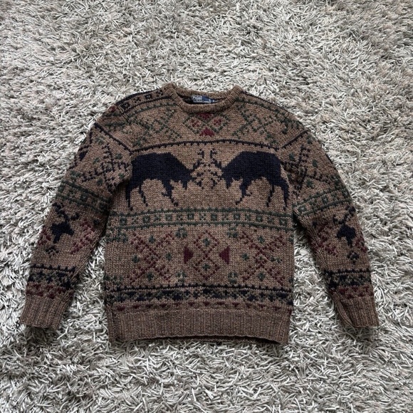 Polo Ralph Lauren Pullover 100% Wool Sweater ReinDeer Antler Battle *VINTAGE* - Picture 7 of 12